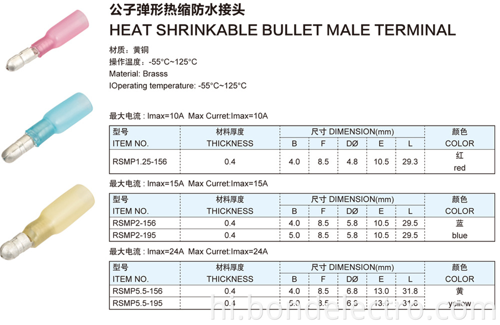 Heat Shrinkable Bullet Male Terminals Parameter